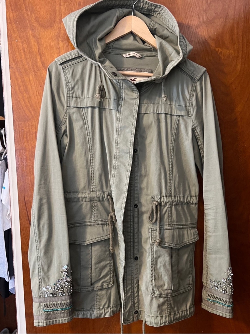 Hollister Olive Utility Hooded Jacket with Beaded Cuff Detail
